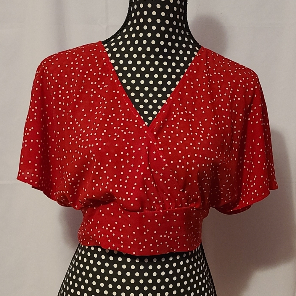Shein Polka Dot Tie Around Overlay Top Red And White